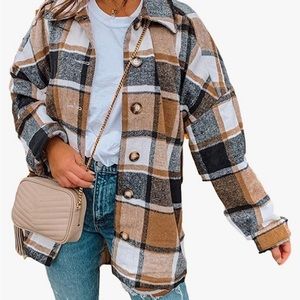 NWOT - Women's Color Block Plaid Flannel Shacket Jacket Button Down Shirt Coat